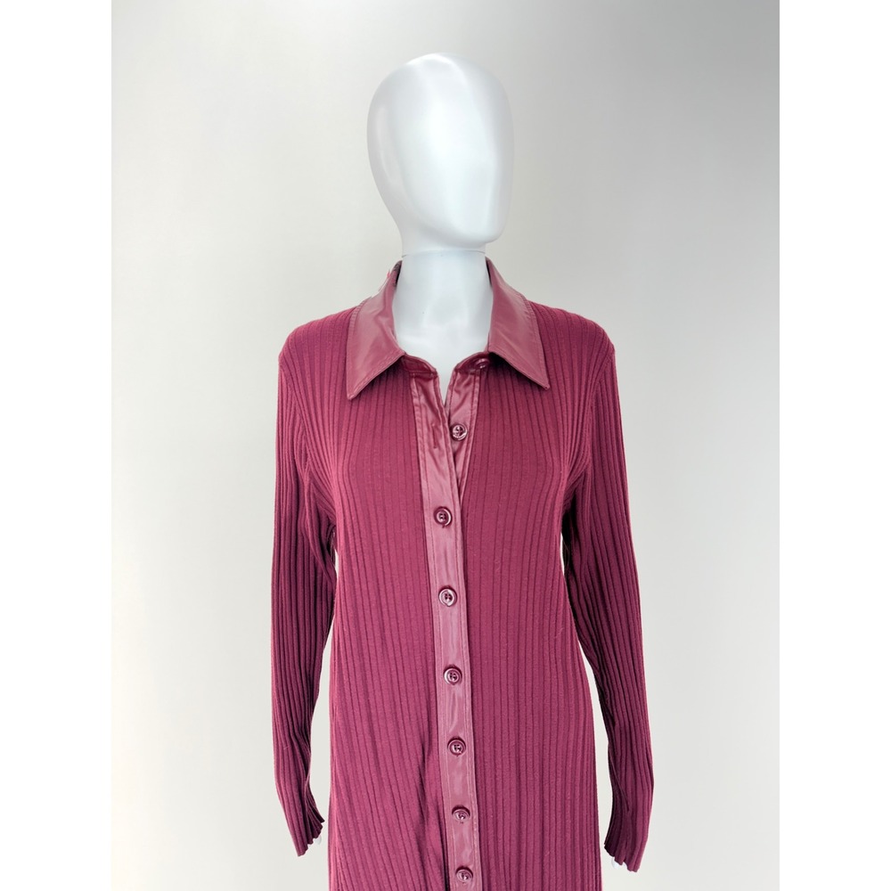 TOCIN x QTD Ribbed Button Front Midi Dress Burgundy Faux Leather Collar Size XXL - Picture 4 of 8